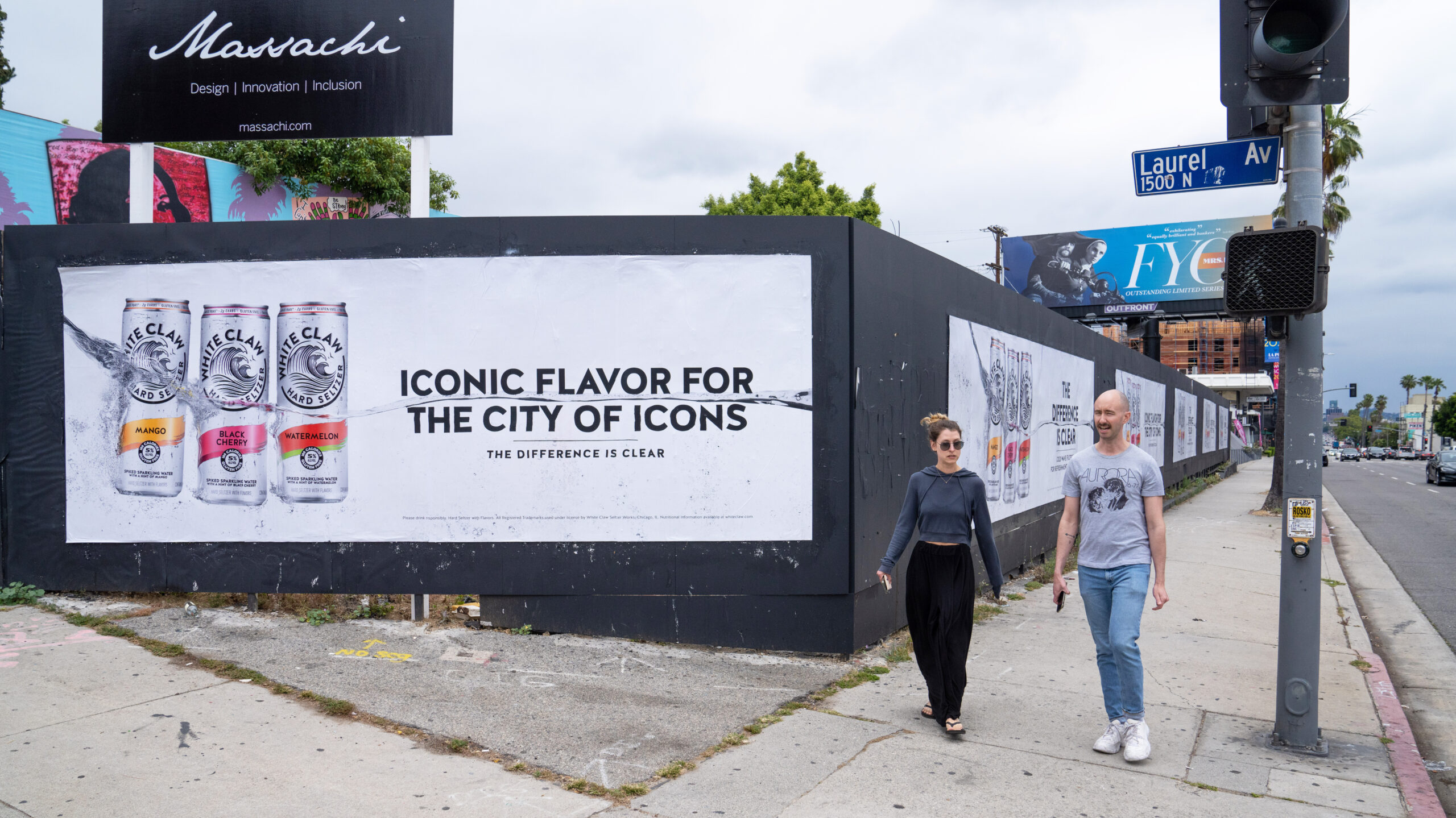 White Claw Outdoor Corner Barricade Ads LA Sunset Blvd and N Laurel Ave
