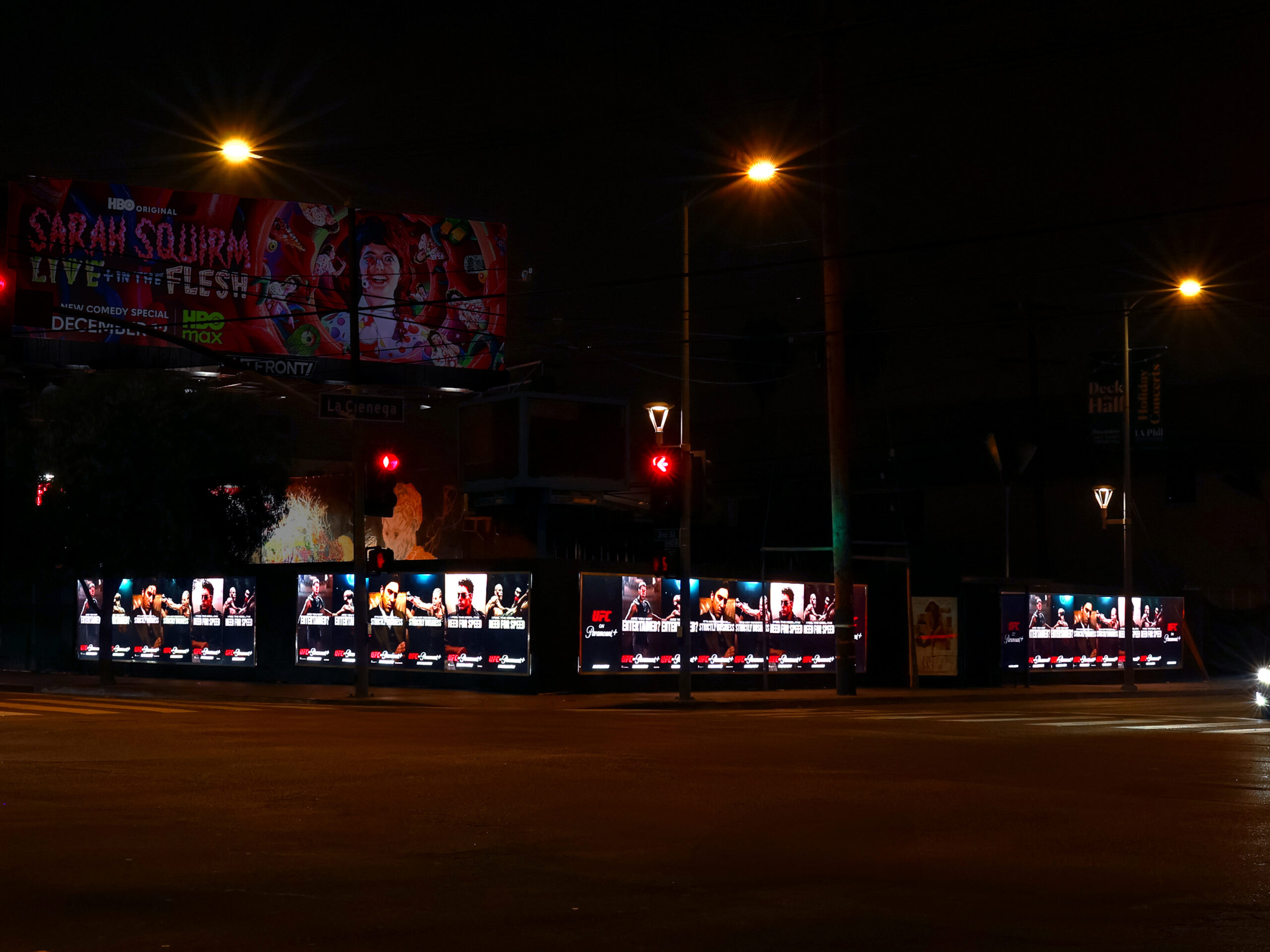 UFC Paramount+ Illumicades(TM) Night LA OOH Advertising Cross Street La Cienega Blvd & W 3rd St