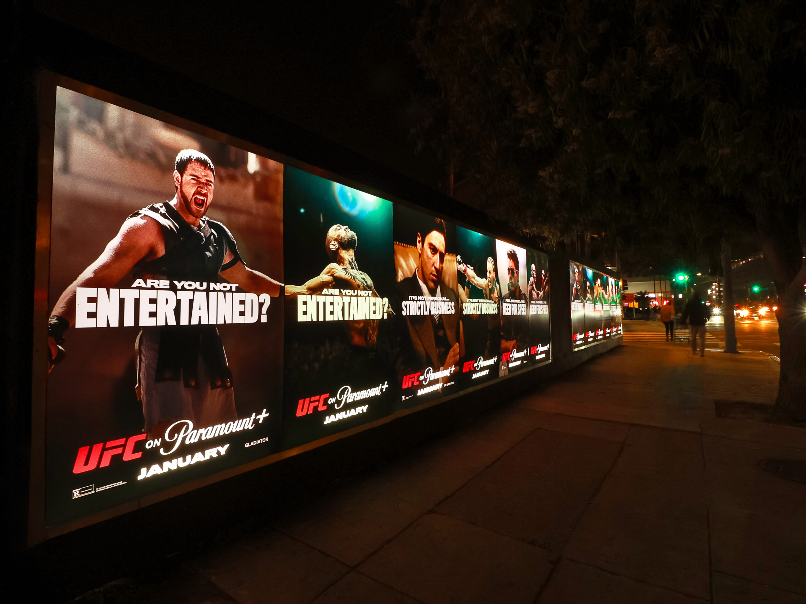 UFC Paramount+ Illumicades(TM) Nighttime LA OOH Advertising La Cienega Blvd & W 3rd St